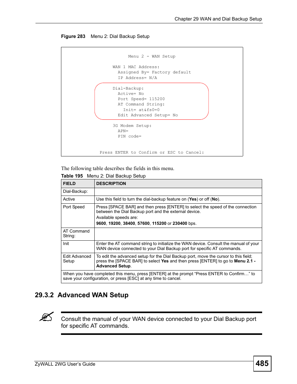 2 advanced wan setup, Figure 283 menu 2: dial backup setup, Table 195 menu 2: dial backup setup | ZyXEL Communications ZyXEL ZyWALL 2WG User Manual | Page 485 / 730