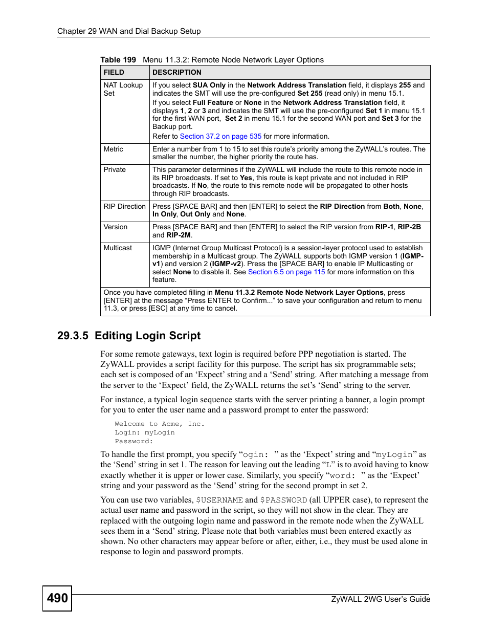 5 editing login script, Section 29.3.5 | ZyXEL Communications ZyXEL ZyWALL 2WG User Manual | Page 490 / 730