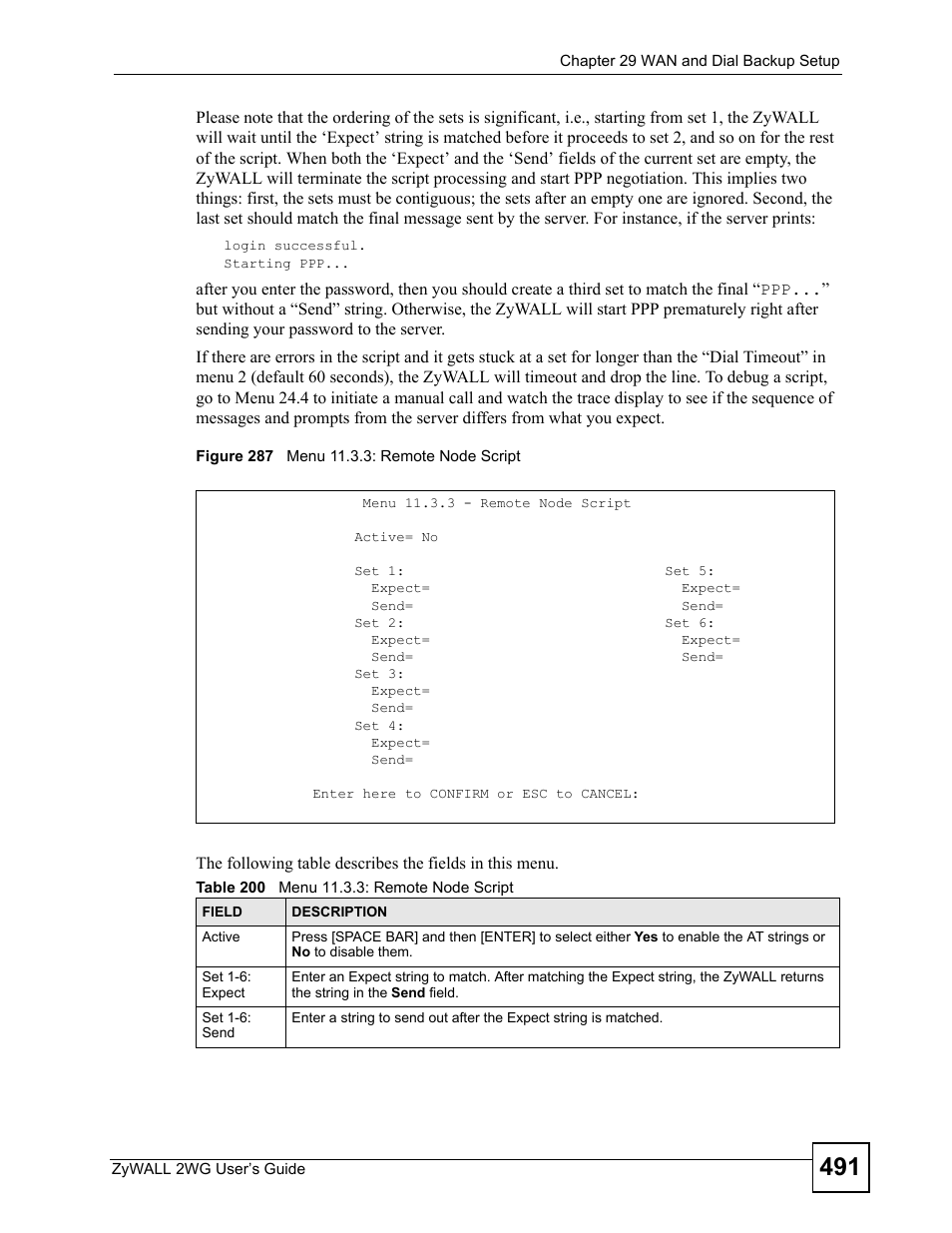 Figure 287 menu 11.3.3: remote node script, Table 200 menu 11.3.3: remote node script | ZyXEL Communications ZyXEL ZyWALL 2WG User Manual | Page 491 / 730