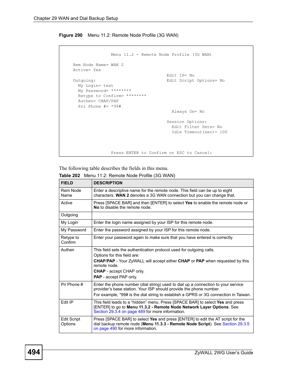 Figure 290 menu 11.2: remote node profile (3g wan), Table 202 menu 11.2: remote node profile (3g wan) | ZyXEL Communications ZyXEL ZyWALL 2WG User Manual | Page 494 / 730