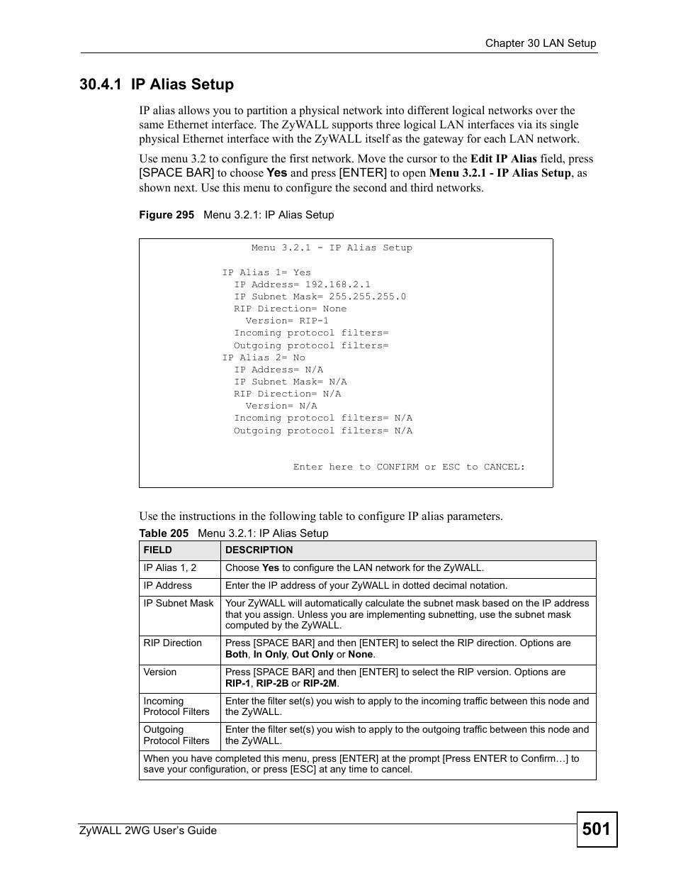 1 ip alias setup, Figure 295 menu 3.2.1: ip alias setup, Table 205 menu 3.2.1: ip alias setup | ZyXEL Communications ZyXEL ZyWALL 2WG User Manual | Page 501 / 730