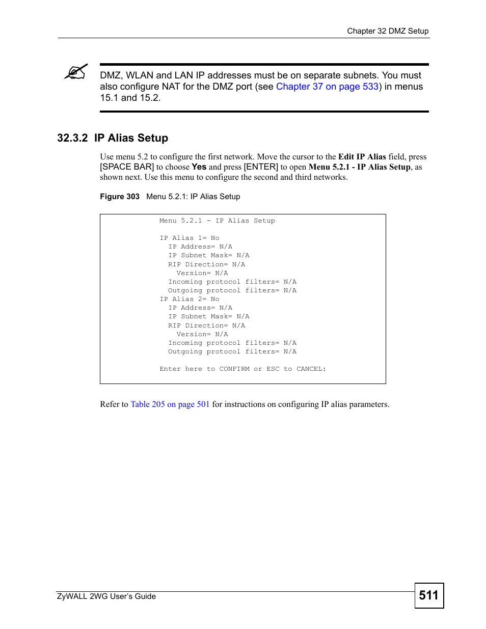 2 ip alias setup, Figure 303 menu 5.2.1: ip alias setup | ZyXEL Communications ZyXEL ZyWALL 2WG User Manual | Page 511 / 730