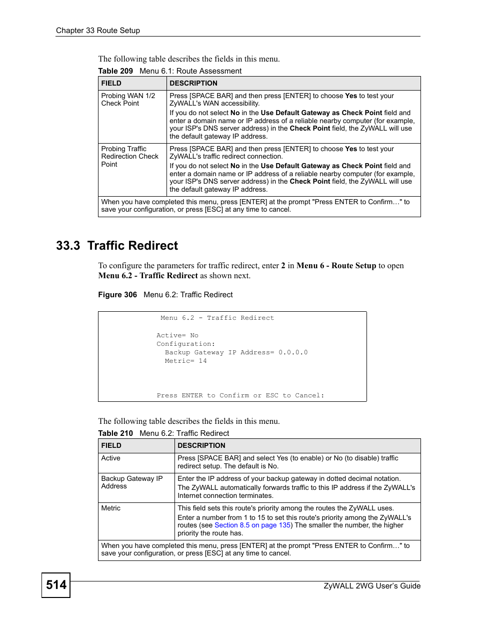 3 traffic redirect, Figure 306 menu 6.2: traffic redirect | ZyXEL Communications ZyXEL ZyWALL 2WG User Manual | Page 514 / 730