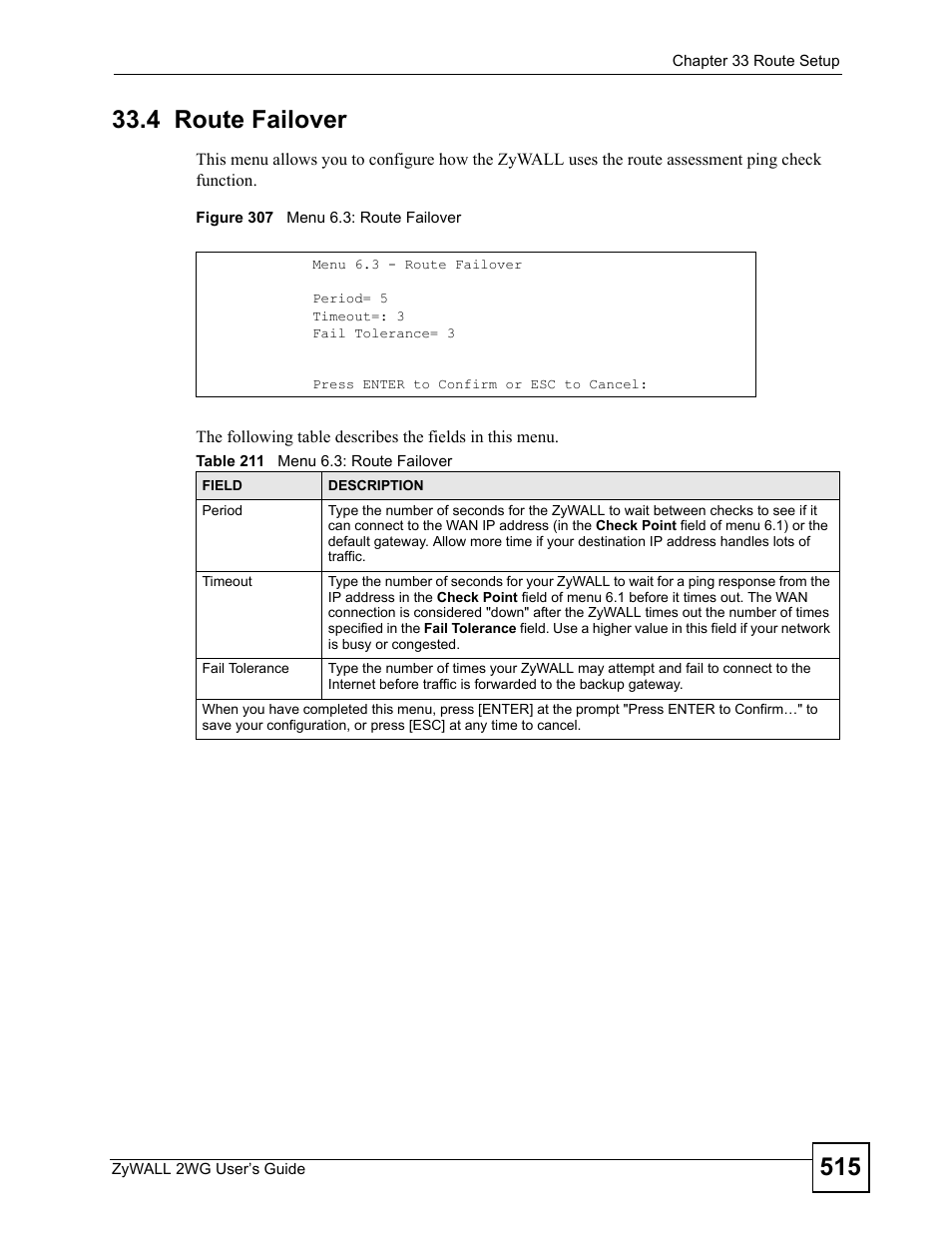 4 route failover, Figure 307 menu 6.3: route failover, Table 211 menu 6.3: route failover | ZyXEL Communications ZyXEL ZyWALL 2WG User Manual | Page 515 / 730