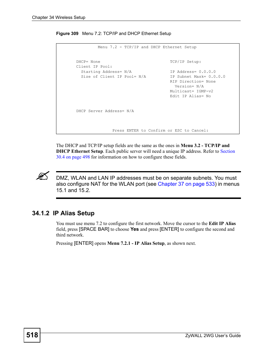 2 ip alias setup | ZyXEL Communications ZyXEL ZyWALL 2WG User Manual | Page 518 / 730