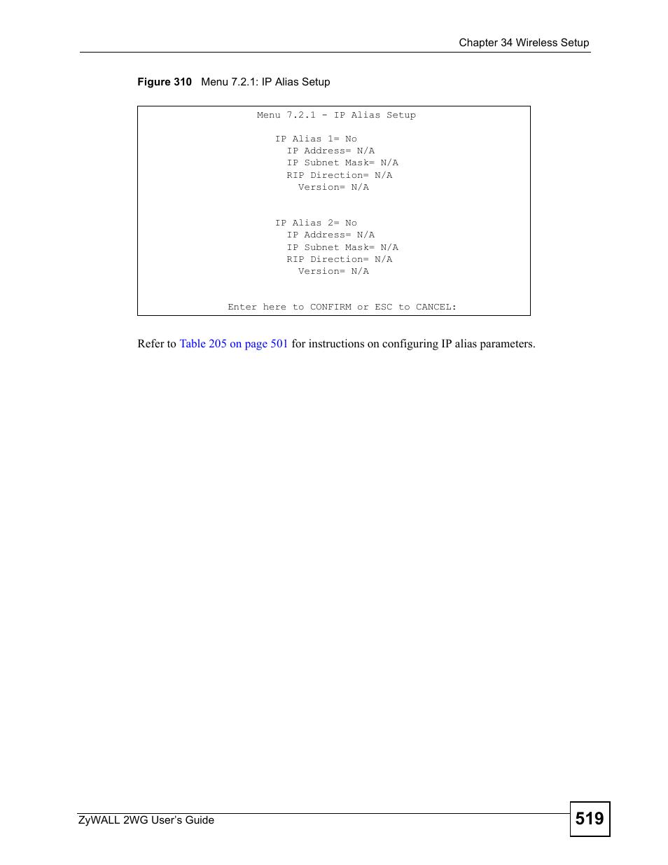 Figure 310 menu 7.2.1: ip alias setup | ZyXEL Communications ZyXEL ZyWALL 2WG User Manual | Page 519 / 730