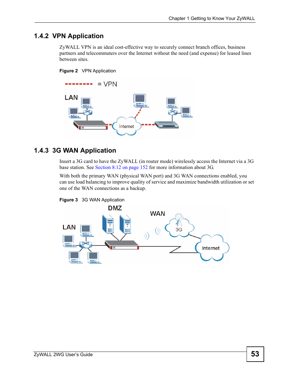 2 vpn application, 3 3g wan application, 2 vpn application 1.4.3 3g wan application | ZyXEL Communications ZyXEL ZyWALL 2WG User Manual | Page 53 / 730