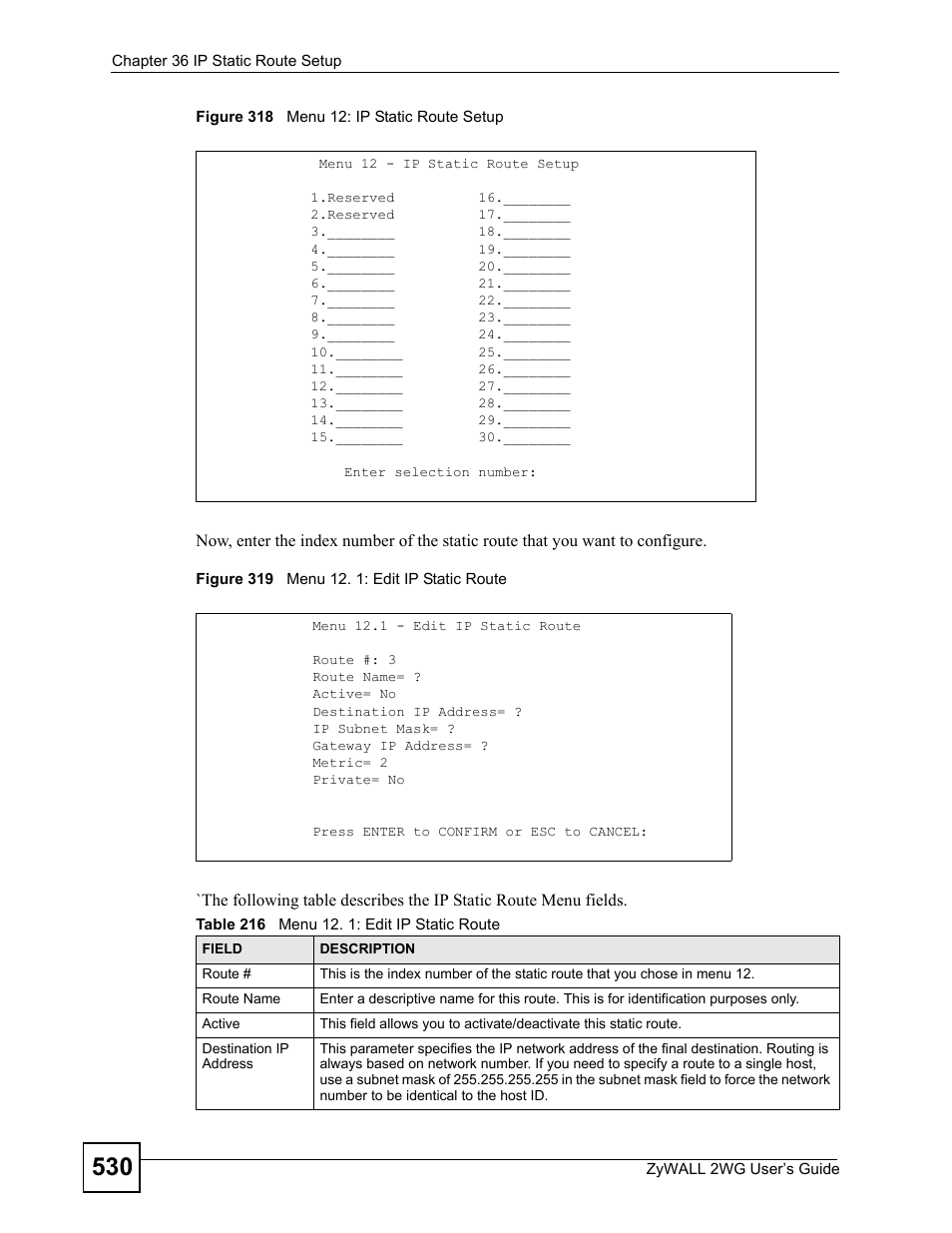 Table 216 menu 12. 1: edit ip static route | ZyXEL Communications ZyXEL ZyWALL 2WG User Manual | Page 530 / 730