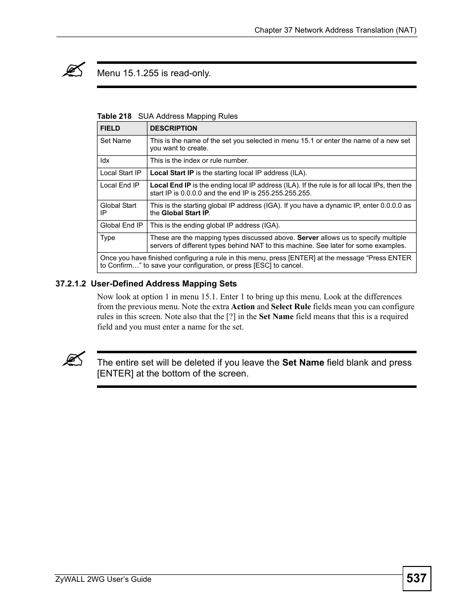 Table 218 sua address mapping rules | ZyXEL Communications ZyXEL ZyWALL 2WG User Manual | Page 537 / 730