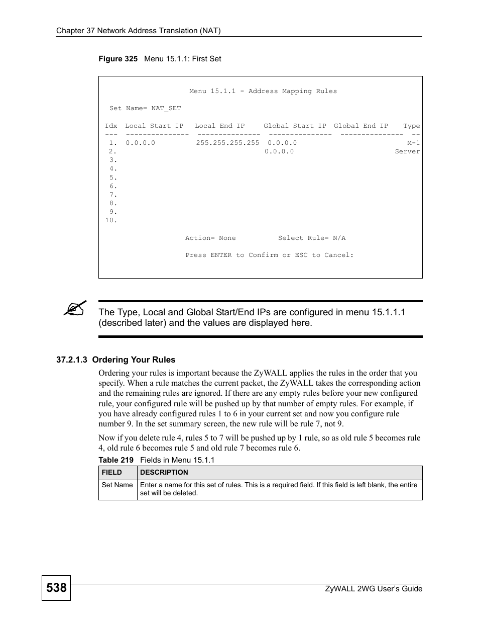 Figure 325 menu 15.1.1: first set, Table 219 fields in menu 15.1.1 | ZyXEL Communications ZyXEL ZyWALL 2WG User Manual | Page 538 / 730