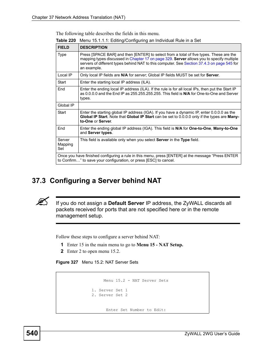 3 configuring a server behind nat, Figure 327 menu 15.2: nat server sets | ZyXEL Communications ZyXEL ZyWALL 2WG User Manual | Page 540 / 730