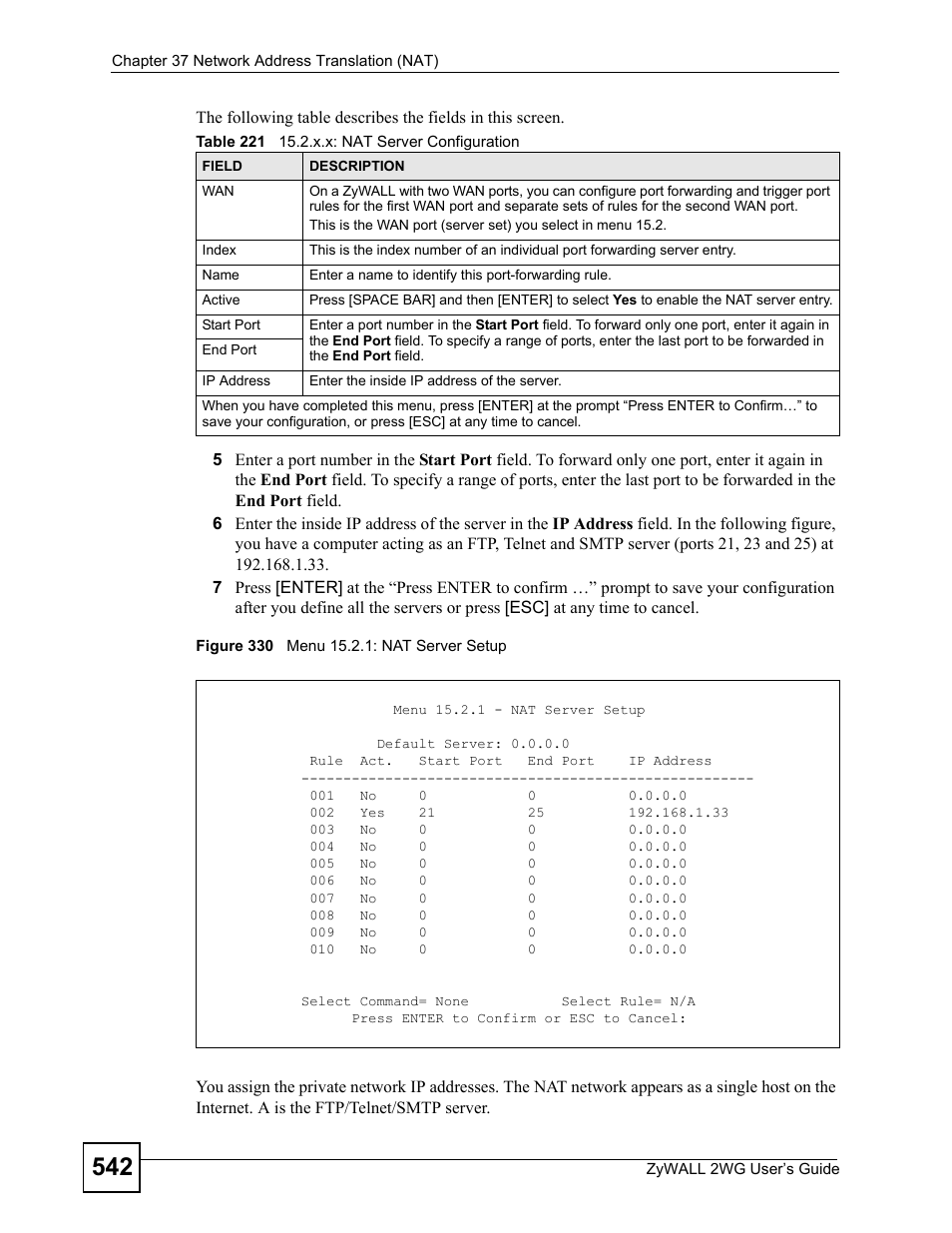 Figure 330 menu 15.2.1: nat server setup, Table 221 15.2.x.x: nat server configuration | ZyXEL Communications ZyXEL ZyWALL 2WG User Manual | Page 542 / 730