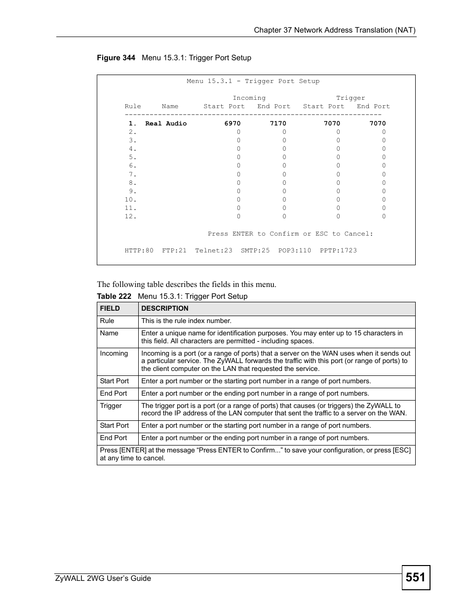 Figure 344 menu 15.3.1: trigger port setup, Table 222 menu 15.3.1: trigger port setup | ZyXEL Communications ZyXEL ZyWALL 2WG User Manual | Page 551 / 730