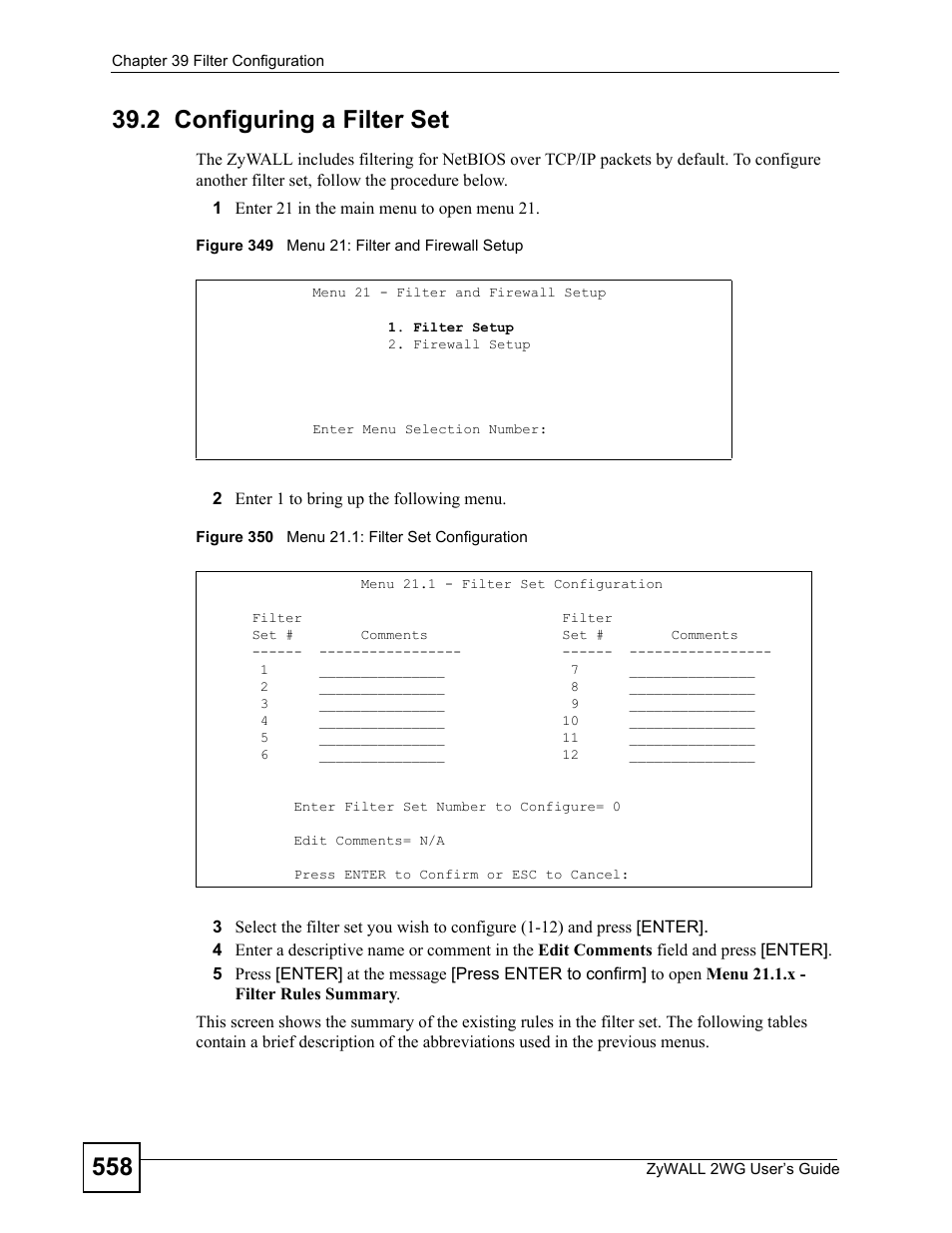 2 configuring a filter set | ZyXEL Communications ZyXEL ZyWALL 2WG User Manual | Page 558 / 730