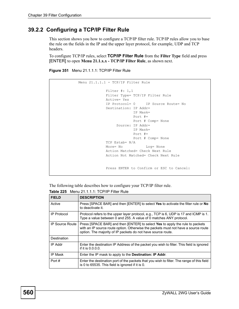 2 configuring a tcp/ip filter rule, Figure 351 menu 21.1.1.1: tcp/ip filter rule, Table 225 menu 21.1.1.1: tcp/ip filter rule | ZyXEL Communications ZyXEL ZyWALL 2WG User Manual | Page 560 / 730