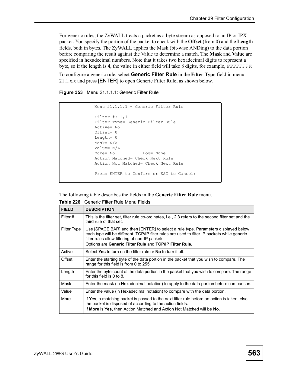 Figure 353 menu 21.1.1.1: generic filter rule, Table 226 generic filter rule menu fields | ZyXEL Communications ZyXEL ZyWALL 2WG User Manual | Page 563 / 730