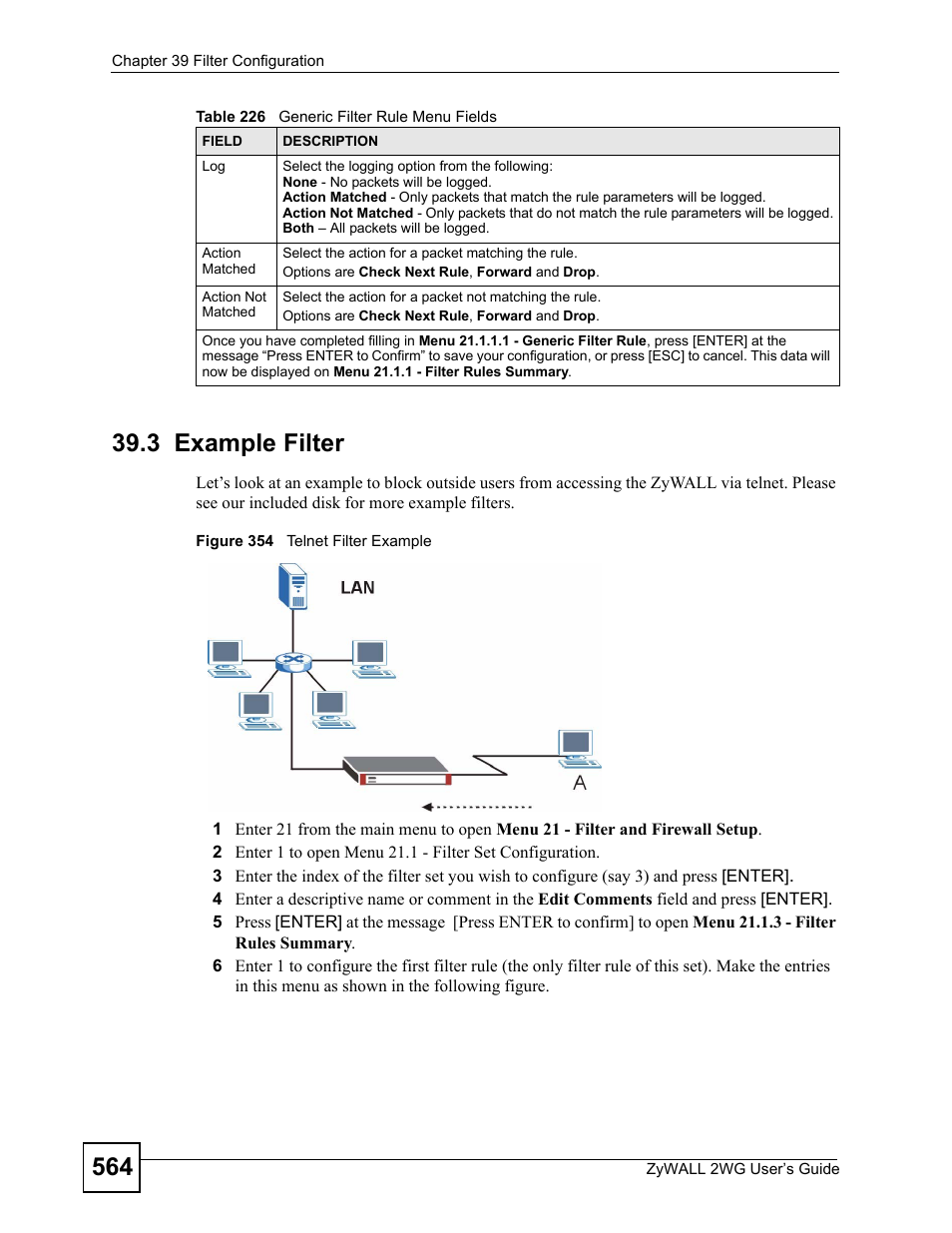 3 example filter, Figure 354 telnet filter example | ZyXEL Communications ZyXEL ZyWALL 2WG User Manual | Page 564 / 730