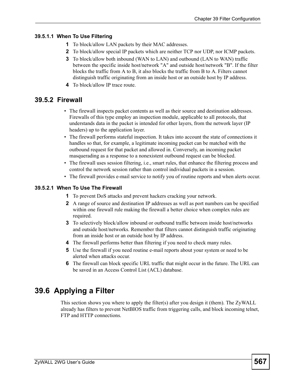 2 firewall, 6 applying a filter | ZyXEL Communications ZyXEL ZyWALL 2WG User Manual | Page 567 / 730