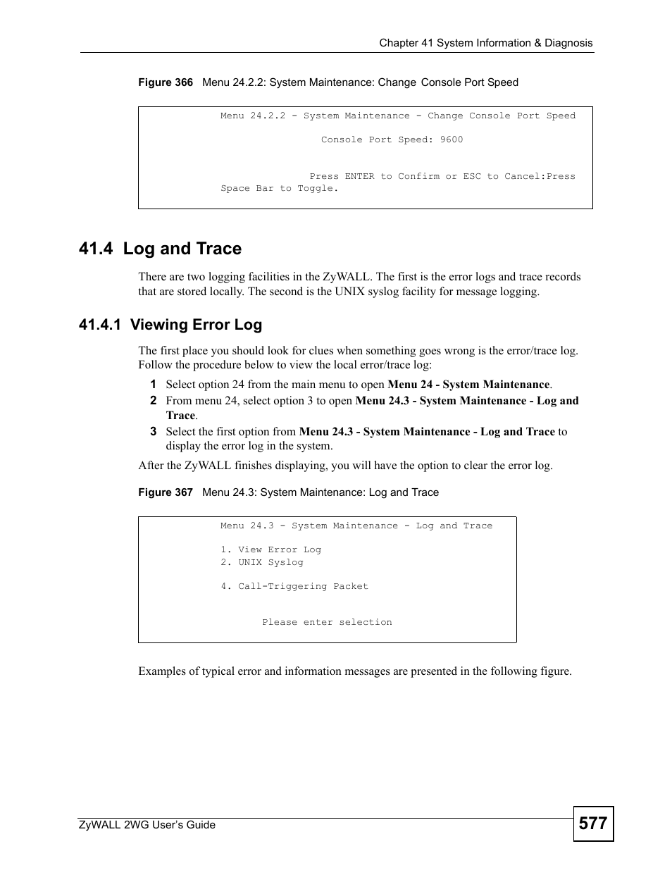 4 log and trace, 1 viewing error log | ZyXEL Communications ZyXEL ZyWALL 2WG User Manual | Page 577 / 730