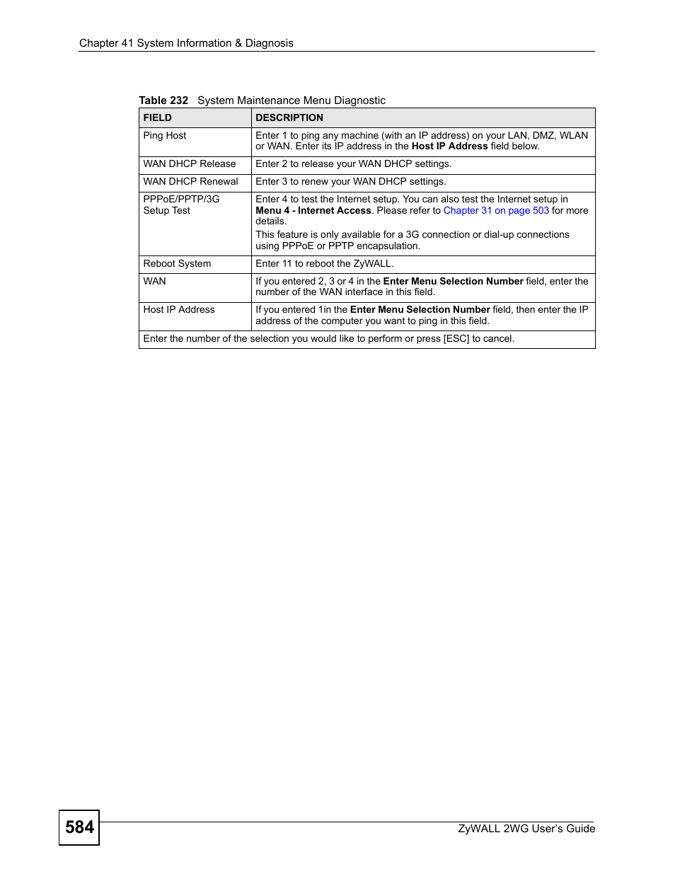 Table 232 system maintenance menu diagnostic | ZyXEL Communications ZyXEL ZyWALL 2WG User Manual | Page 584 / 730