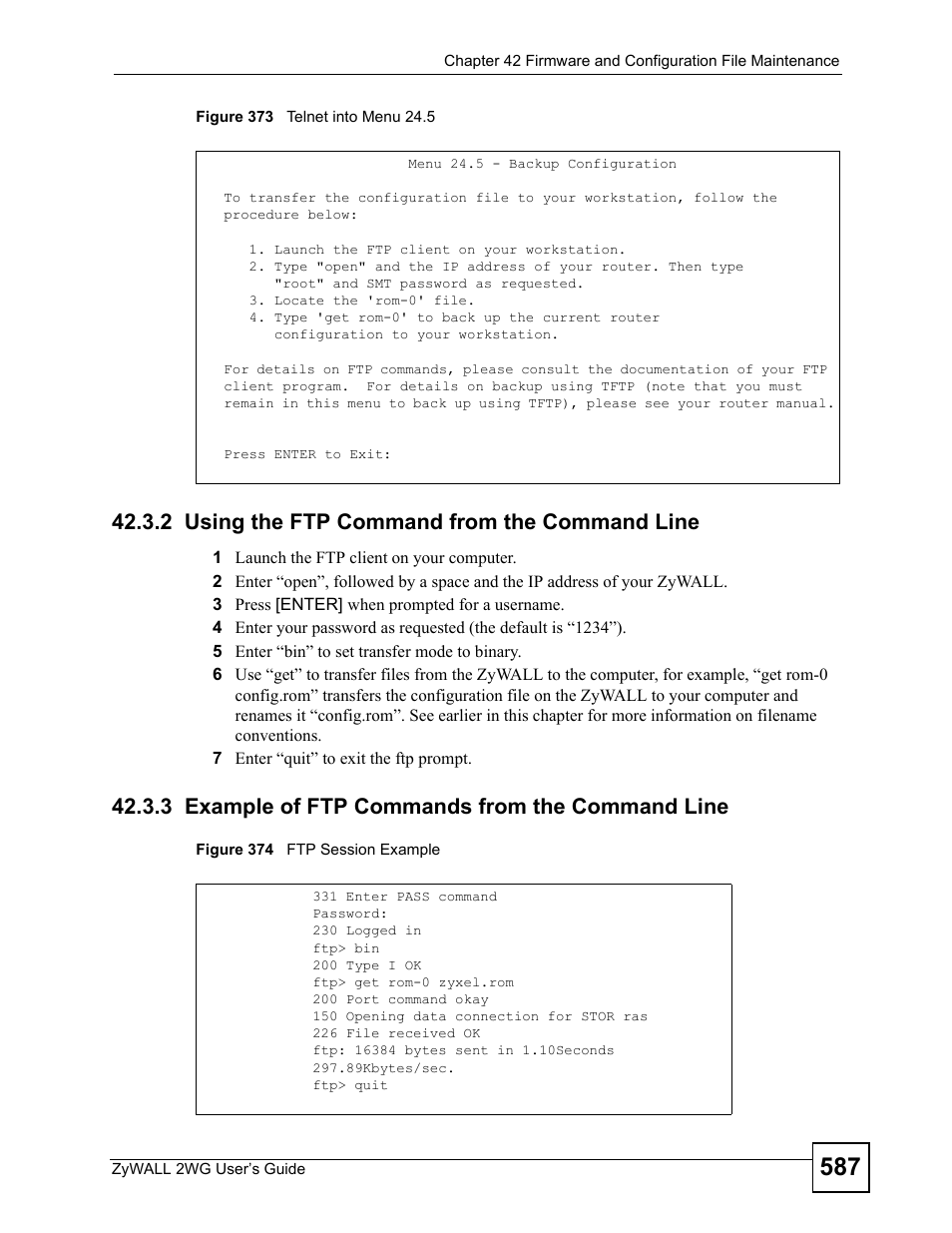 2 using the ftp command from the command line, 3 example of ftp commands from the command line | ZyXEL Communications ZyXEL ZyWALL 2WG User Manual | Page 587 / 730