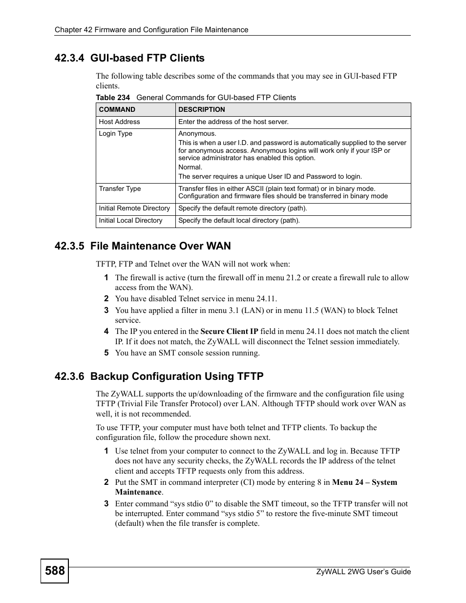 4 gui-based ftp clients, 5 file maintenance over wan, 6 backup configuration using tftp | ZyXEL Communications ZyXEL ZyWALL 2WG User Manual | Page 588 / 730