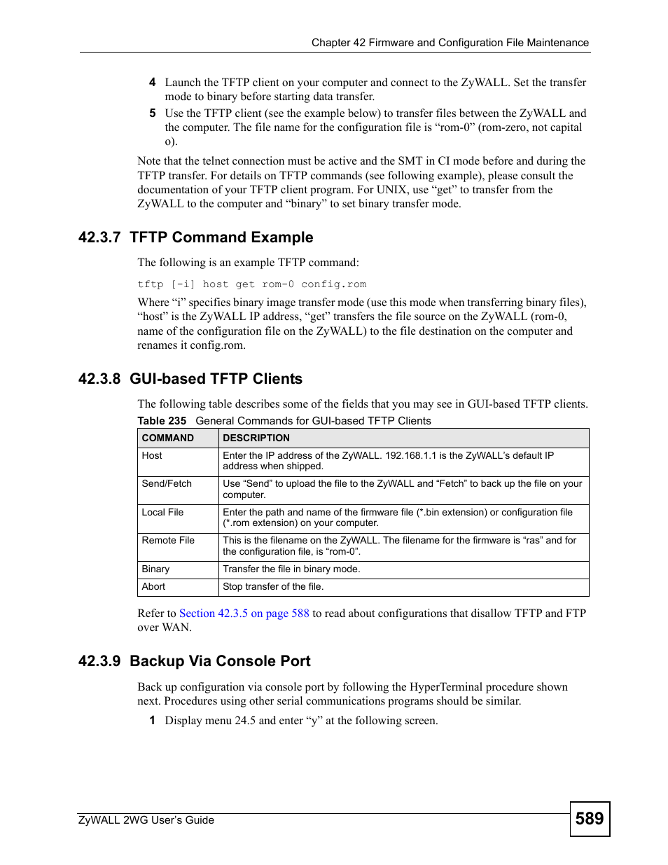 7 tftp command example, 8 gui-based tftp clients, 9 backup via console port | ZyXEL Communications ZyXEL ZyWALL 2WG User Manual | Page 589 / 730