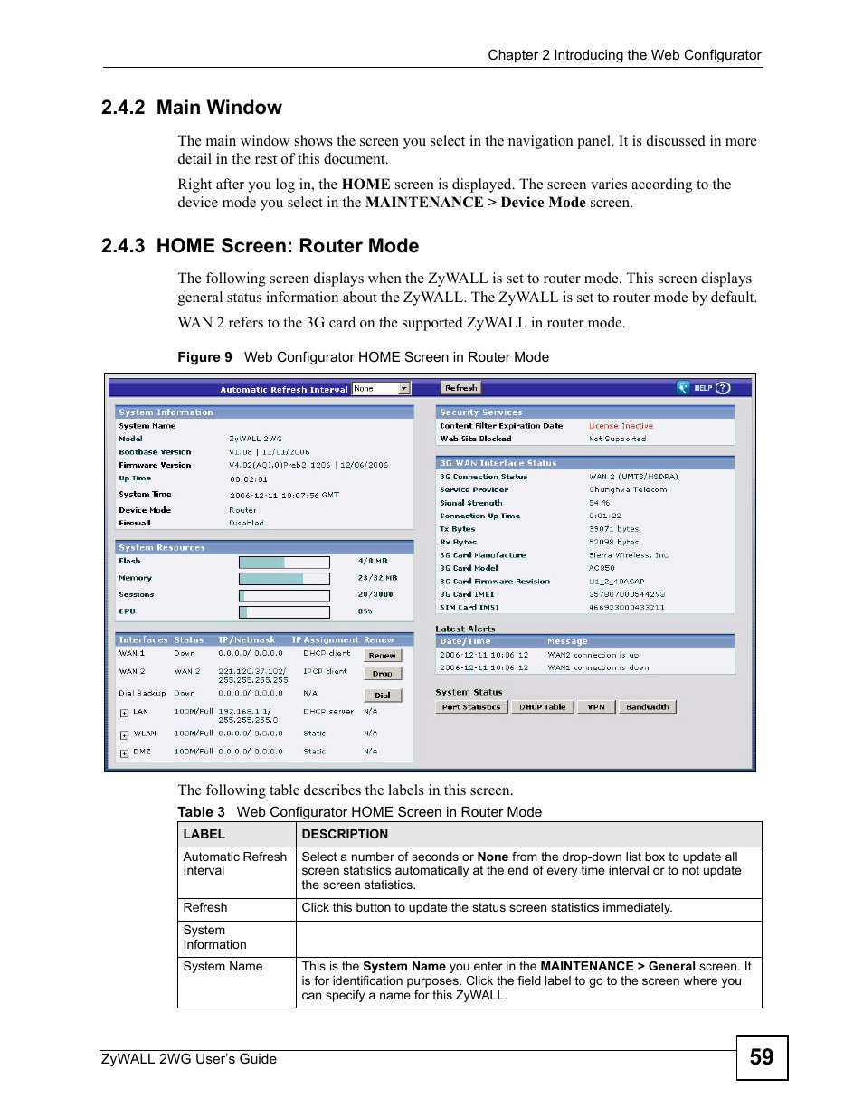 2 main window, 3 home screen: router mode, 2 main window 2.4.3 home screen: router mode | ZyXEL Communications ZyXEL ZyWALL 2WG User Manual | Page 59 / 730