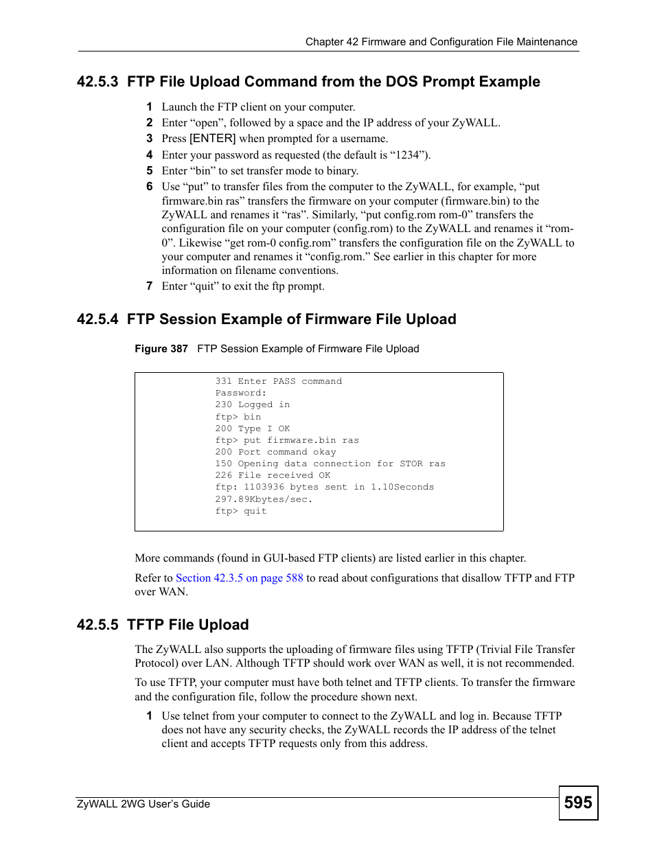 4 ftp session example of firmware file upload, 5 tftp file upload | ZyXEL Communications ZyXEL ZyWALL 2WG User Manual | Page 595 / 730