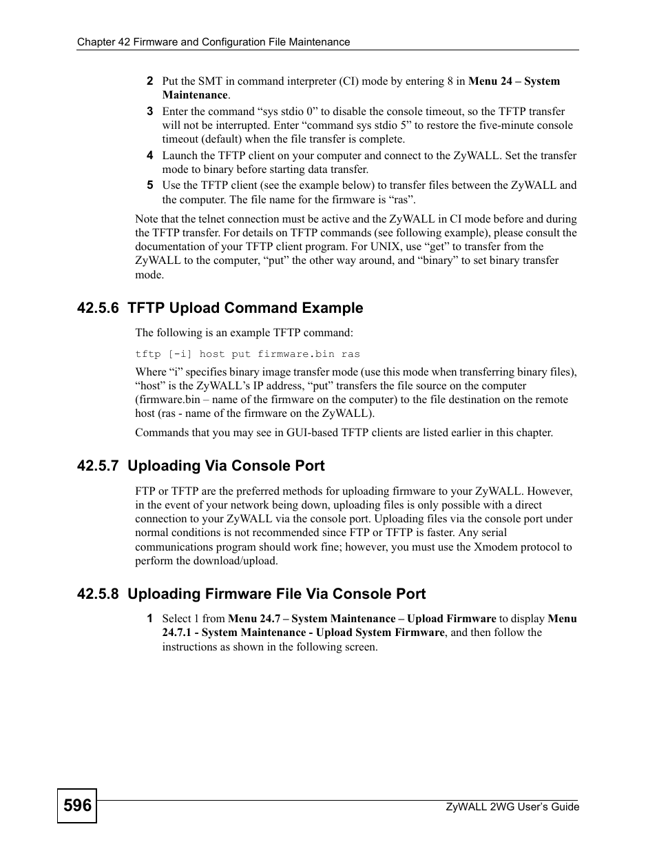 6 tftp upload command example, 7 uploading via console port, 8 uploading firmware file via console port | ZyXEL Communications ZyXEL ZyWALL 2WG User Manual | Page 596 / 730