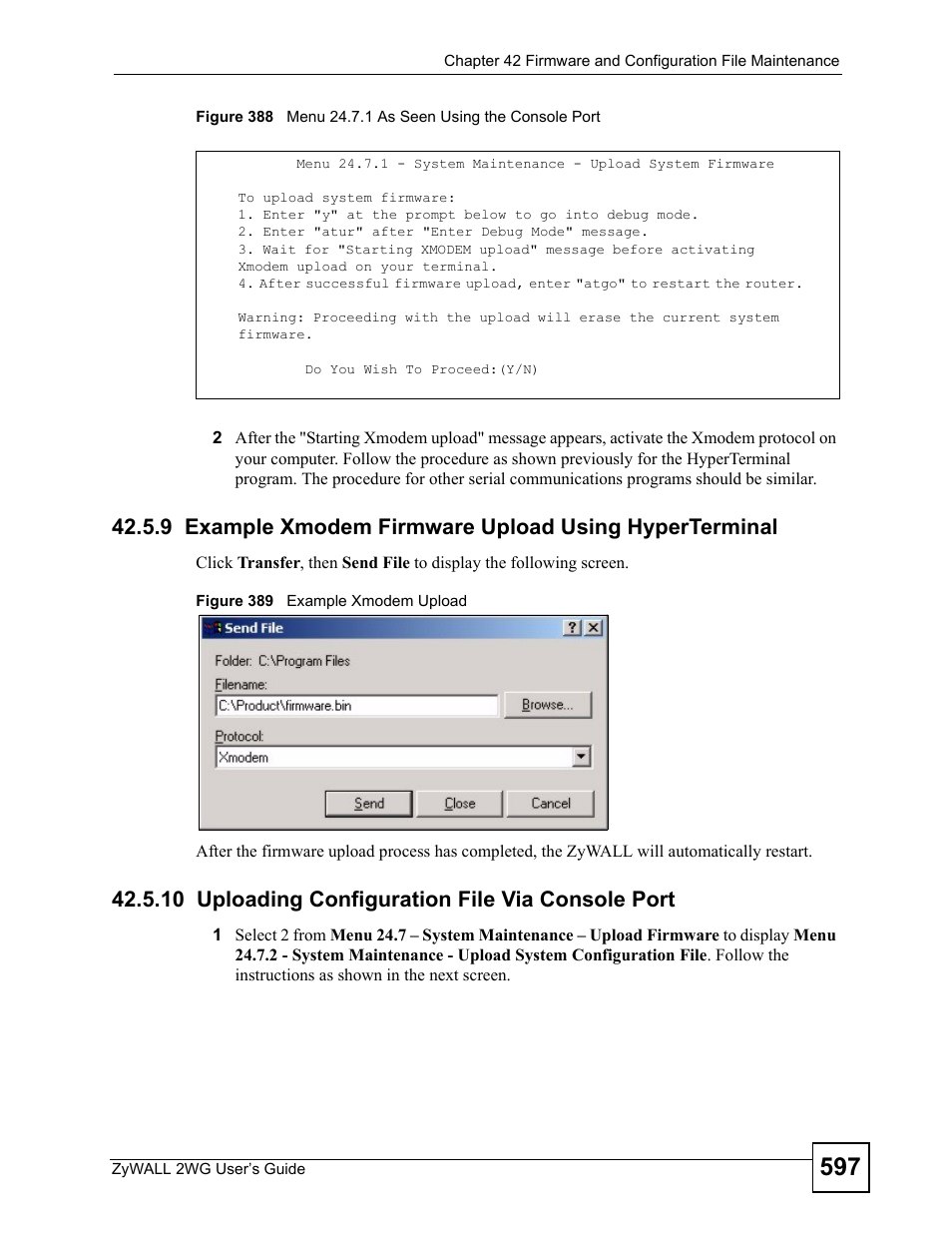 10 uploading configuration file via console port | ZyXEL Communications ZyXEL ZyWALL 2WG User Manual | Page 597 / 730