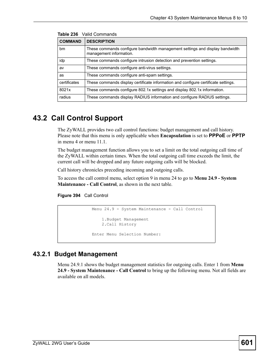 2 call control support, 1 budget management, Figure 394 call control | ZyXEL Communications ZyXEL ZyWALL 2WG User Manual | Page 601 / 730