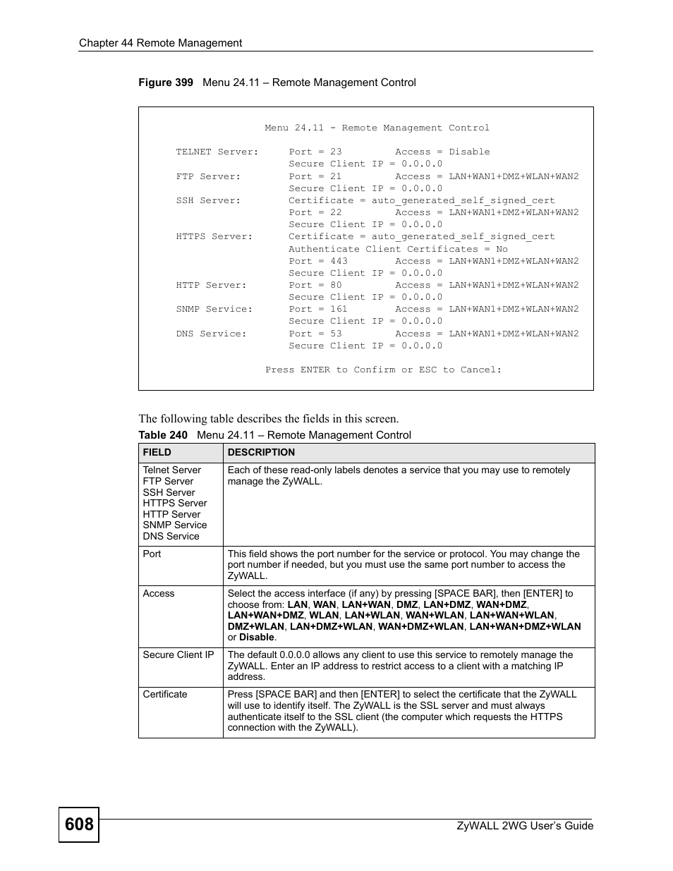 Figure 399 menu 24.11 – remote management control, Table 240 menu 24.11 – remote management control | ZyXEL Communications ZyXEL ZyWALL 2WG User Manual | Page 608 / 730