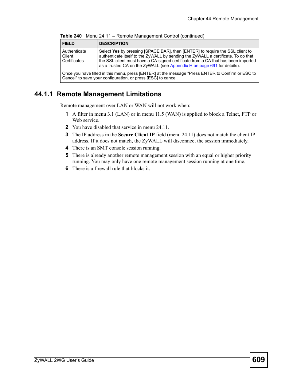 1 remote management limitations | ZyXEL Communications ZyXEL ZyWALL 2WG User Manual | Page 609 / 730