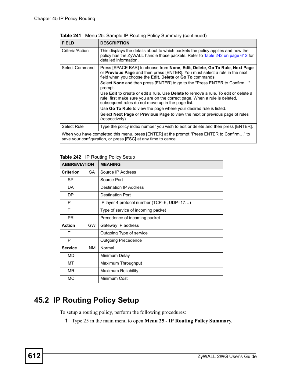 2 ip routing policy setup, Table 242 ip routing policy setup | ZyXEL Communications ZyXEL ZyWALL 2WG User Manual | Page 612 / 730