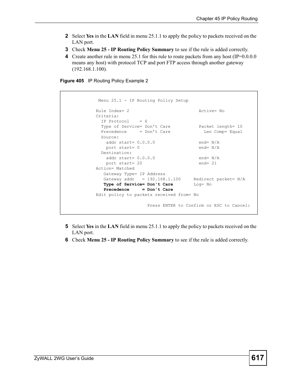 Figure 405 ip routing policy example 2 | ZyXEL Communications ZyXEL ZyWALL 2WG User Manual | Page 617 / 730