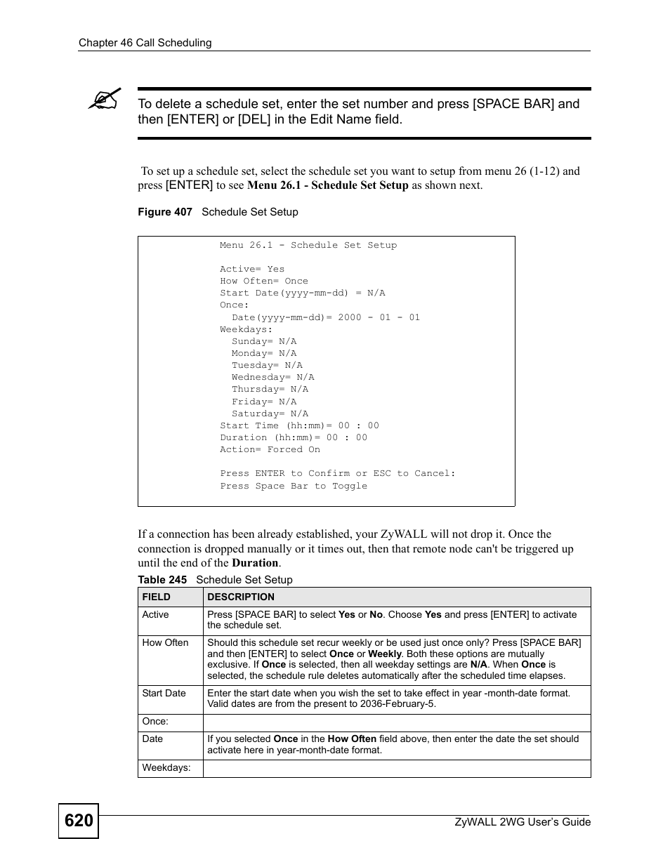 Figure 407 schedule set setup, Table 245 schedule set setup | ZyXEL Communications ZyXEL ZyWALL 2WG User Manual | Page 620 / 730