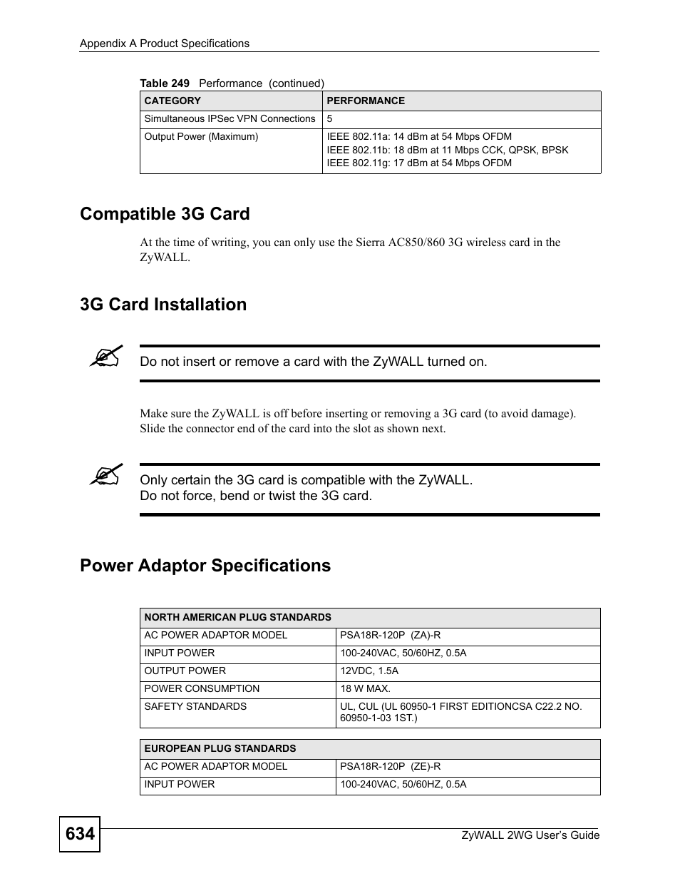 634 compatible 3g card, 3g card installation, Power adaptor specifications | ZyXEL Communications ZyXEL ZyWALL 2WG User Manual | Page 634 / 730