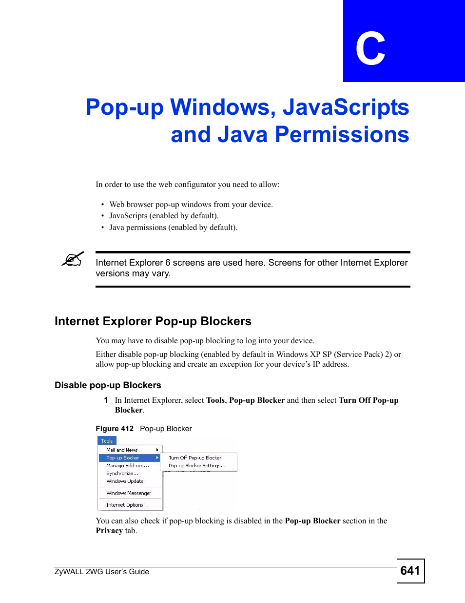 Pop-up windows, javascripts and java permissions, Figure 412 pop-up blocker | ZyXEL Communications ZyXEL ZyWALL 2WG User Manual | Page 641 / 730