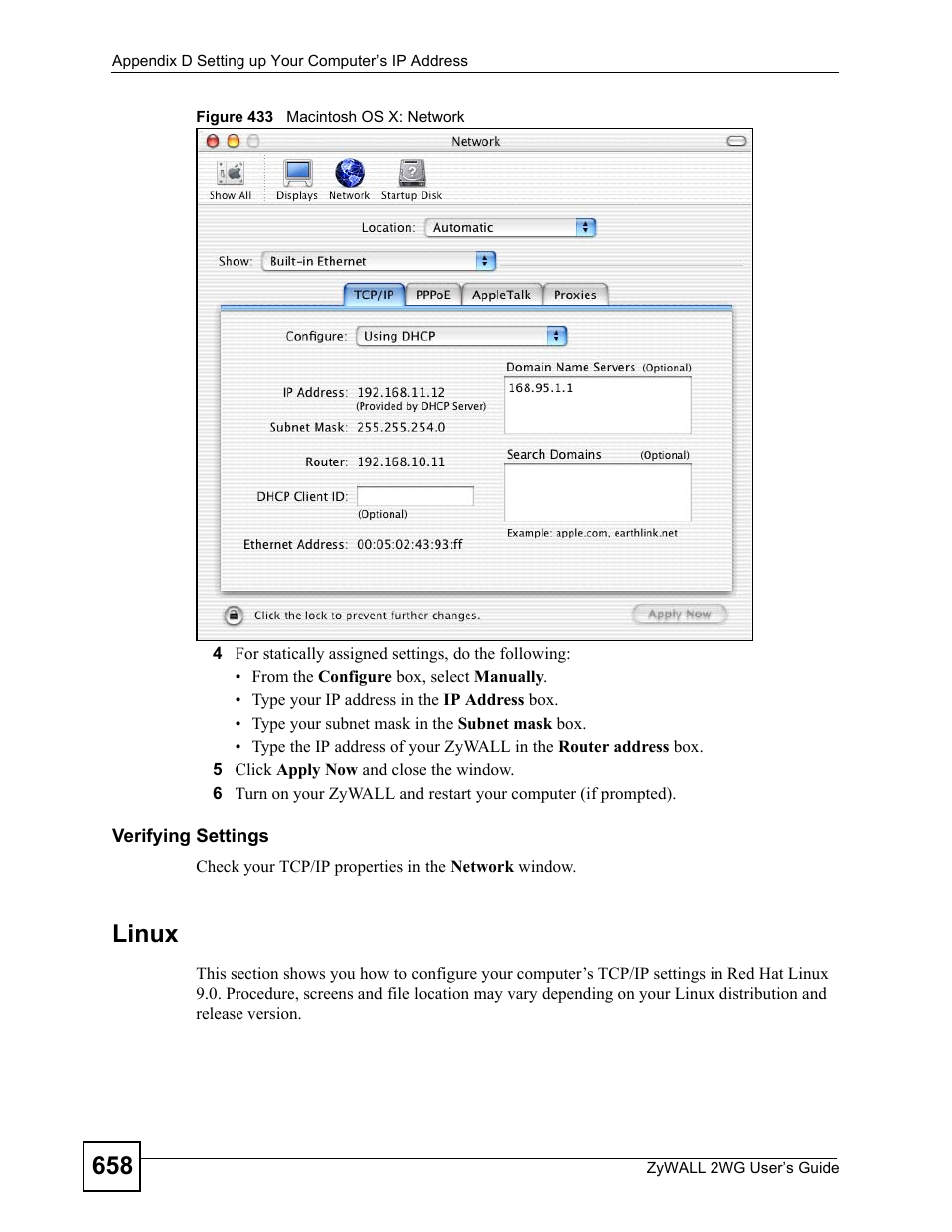 Figure 433 macintosh os x: network, Linux | ZyXEL Communications ZyXEL ZyWALL 2WG User Manual | Page 658 / 730