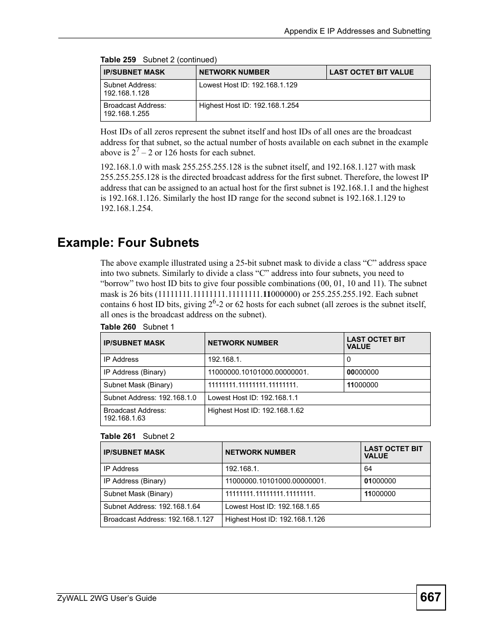 Table 260 subnet 1 table 261 subnet 2, Example: four subnets | ZyXEL Communications ZyXEL ZyWALL 2WG User Manual | Page 667 / 730