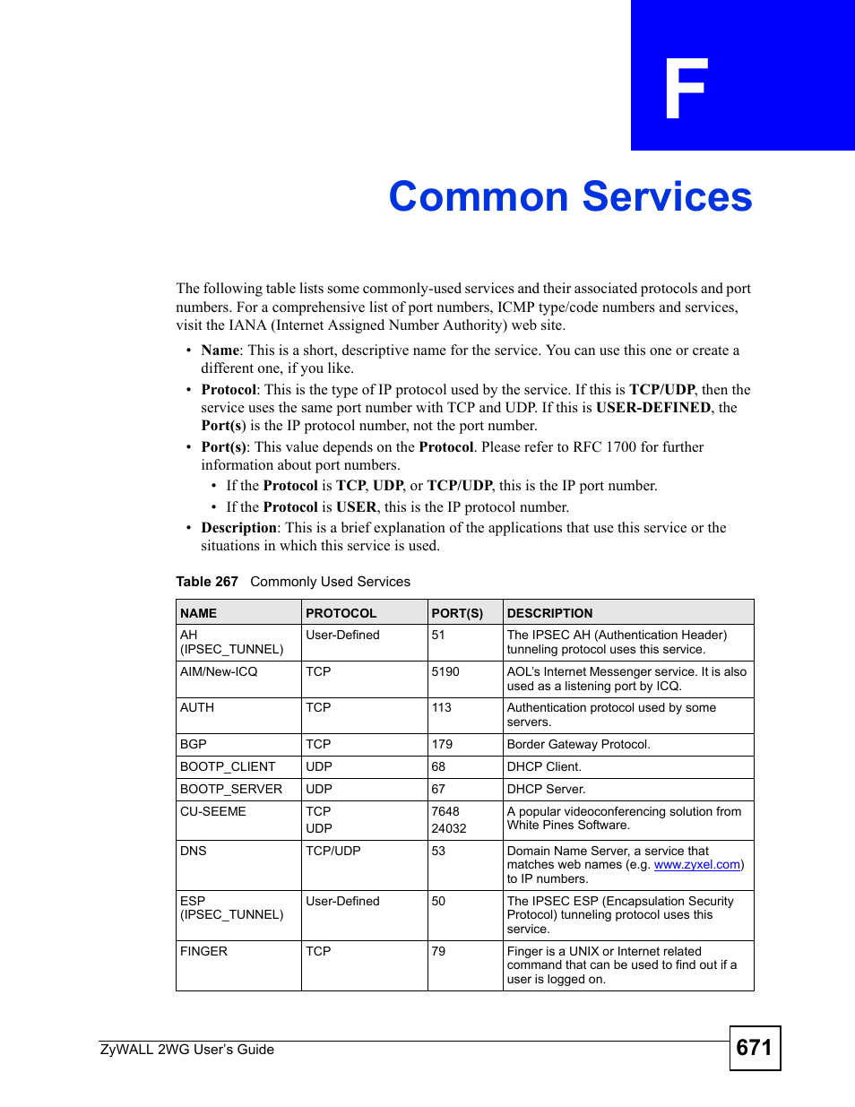 Common services, Appendix f common services, Table 267 commonly used services | For a, Common services (671) | ZyXEL Communications ZyXEL ZyWALL 2WG User Manual | Page 671 / 730