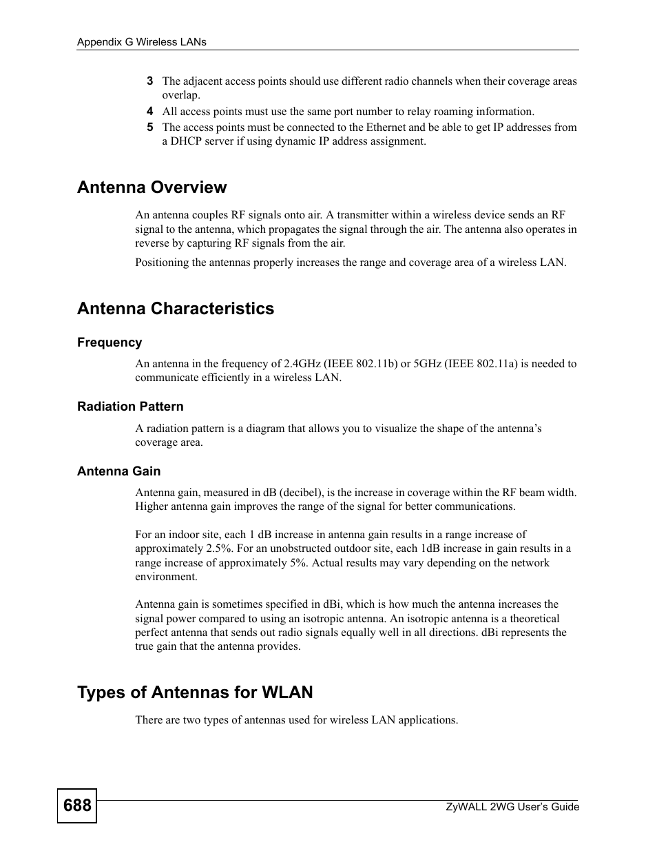 Antenna overview, Antenna characteristics, Types of antennas for wlan | ZyXEL Communications ZyXEL ZyWALL 2WG User Manual | Page 688 / 730