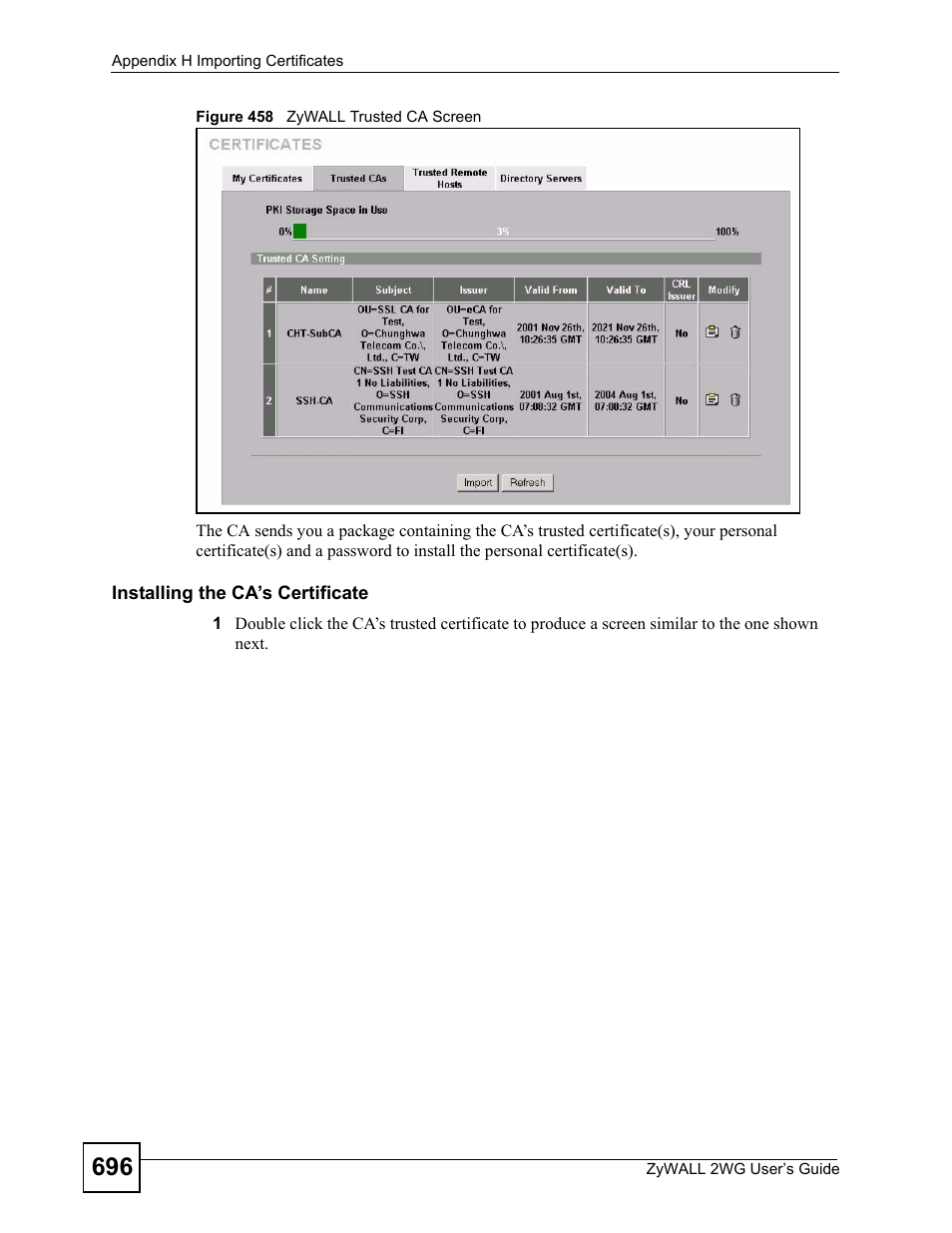 Figure 458 zywall trusted ca screen | ZyXEL Communications ZyXEL ZyWALL 2WG User Manual | Page 696 / 730