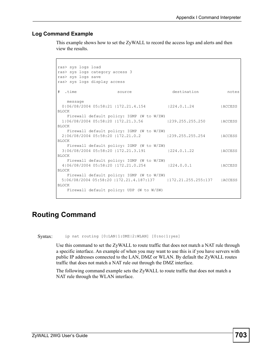 Routing command | ZyXEL Communications ZyXEL ZyWALL 2WG User Manual | Page 703 / 730