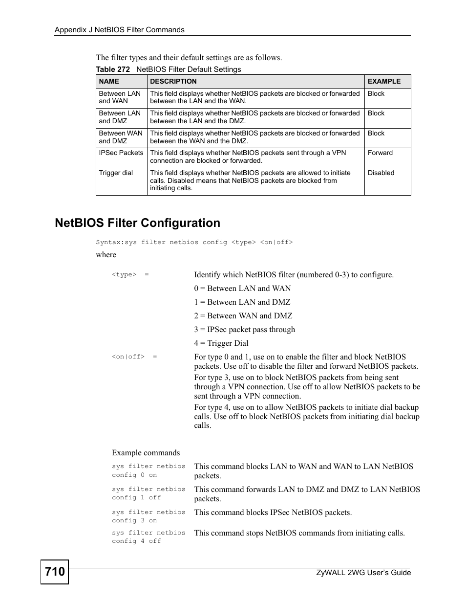 Table 272 netbios filter default settings, Netbios filter configuration | ZyXEL Communications ZyXEL ZyWALL 2WG User Manual | Page 710 / 730