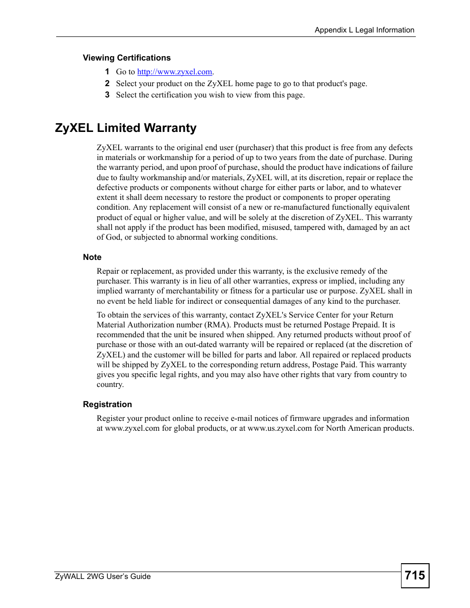 Zyxel limited warranty | ZyXEL Communications ZyXEL ZyWALL 2WG User Manual | Page 715 / 730