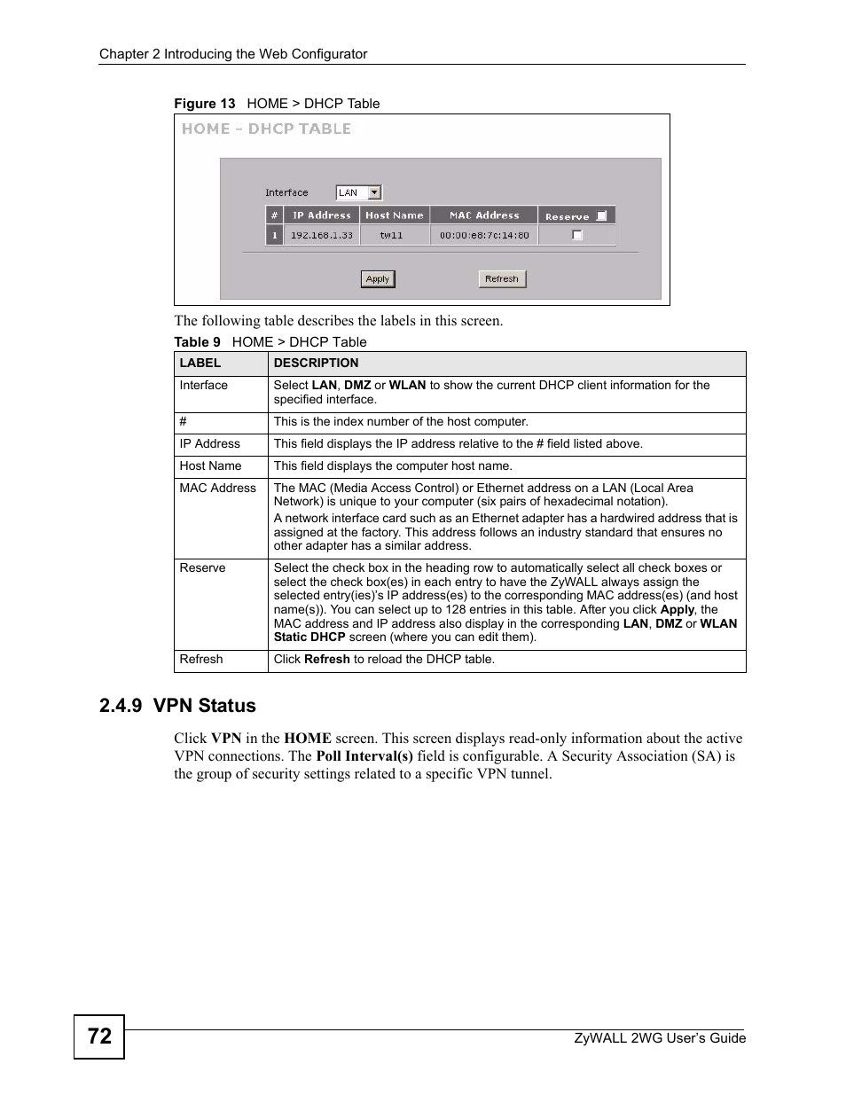 9 vpn status, Figure 13 home > dhcp table, Table 9 home > dhcp table | ZyXEL Communications ZyXEL ZyWALL 2WG User Manual | Page 72 / 730