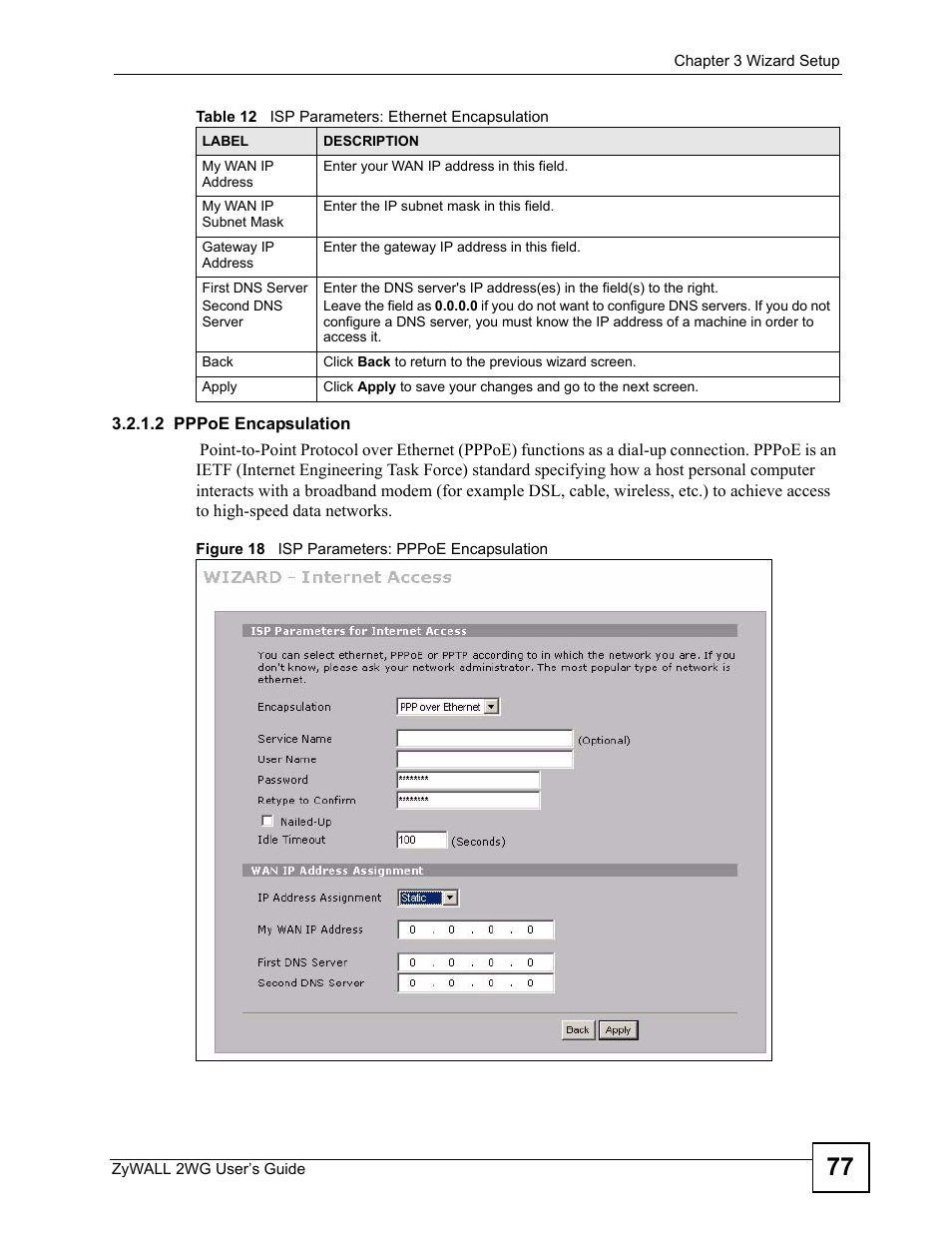 Figure 18 isp parameters: pppoe encapsulation | ZyXEL Communications ZyXEL ZyWALL 2WG User Manual | Page 77 / 730