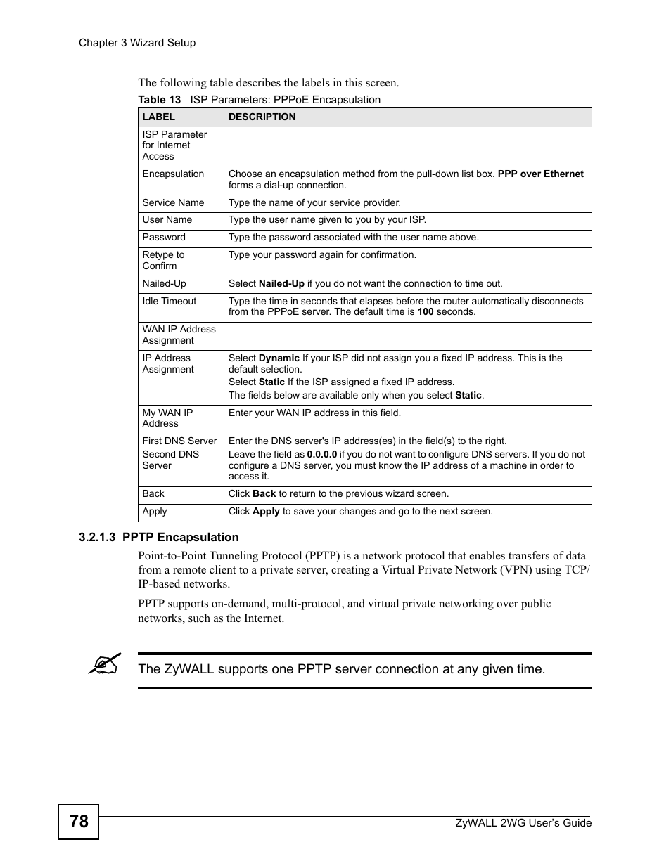 Table 13 isp parameters: pppoe encapsulation | ZyXEL Communications ZyXEL ZyWALL 2WG User Manual | Page 78 / 730